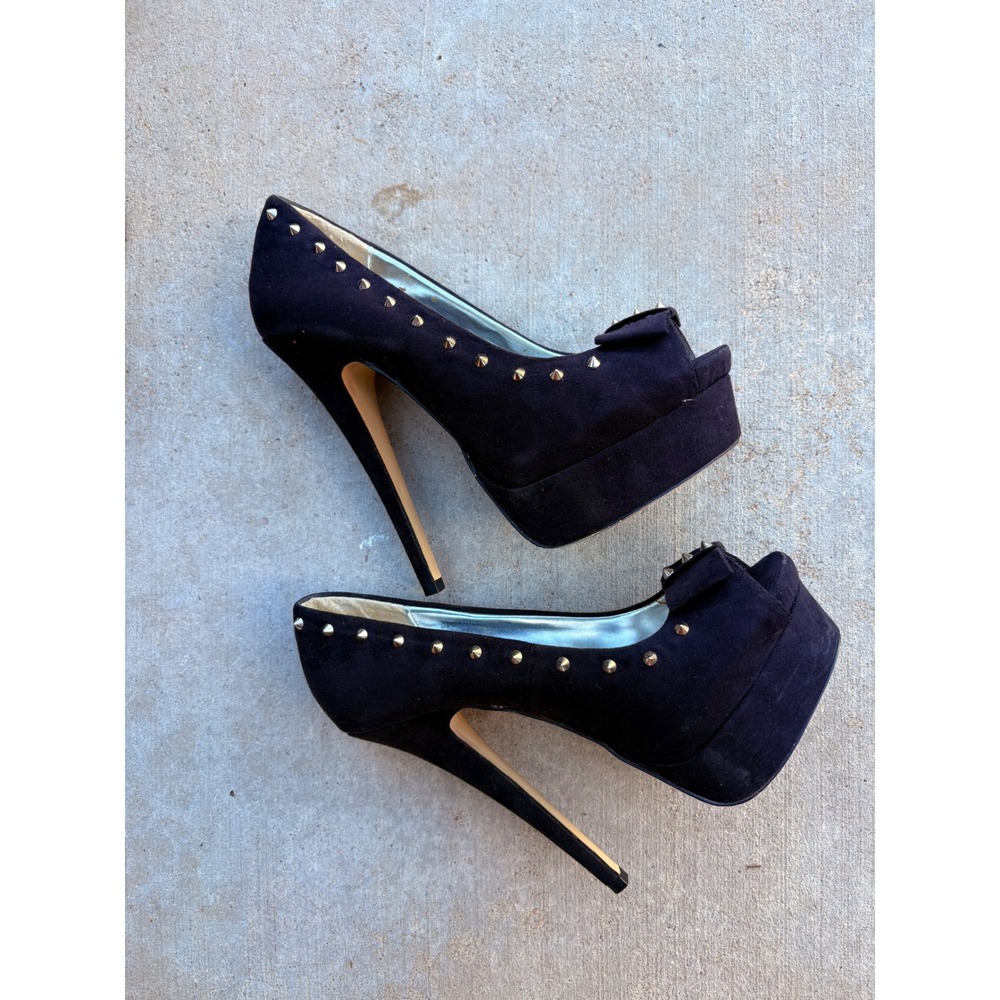 Y2K Shoedazzle Black Studded Peep Toe Platform Stiletto Pumps Heels Womens 7 - Picture 4 of 5
